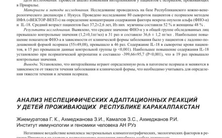 Ахмеджанова  З. И. Иммунные дисфункции у пациентов с псориазом, проживающих в Приаралье: Тезисы Второго евразийского форума по диагностике и лечению орфанных болезней "Содружество без границ", посвященный 80-летию Академии наук Республики Узбекистан и 70-летию со дня рождения академика Ариповой Т. У. (Ташкент, 24-26 октября 2023 г.)