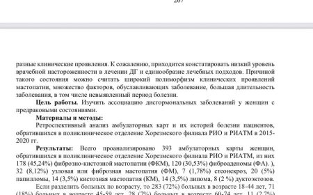 Юлдашев Б. С. Тенденция и морфологическая характеристика предраковых заболеваний молочной железы у женщин, проживающих в Приаралье / Б. С. Юлдашев, М. Х. Хаджимуратова, Н. С. Джуманиязова // Проблемы и перспективы малоинвазивных технологий в медицине = Тиббиётда миниинвазив технологияларнинг муаммолари ва истиқболлари: материалы Международной научно-практической конференции посвященной 30-летию основания филиала ТМА Ургенча (Ургенч, 29-30 сентября 2022 г.). - Ургенч: Ургенчский филиал ТМА, 2022.